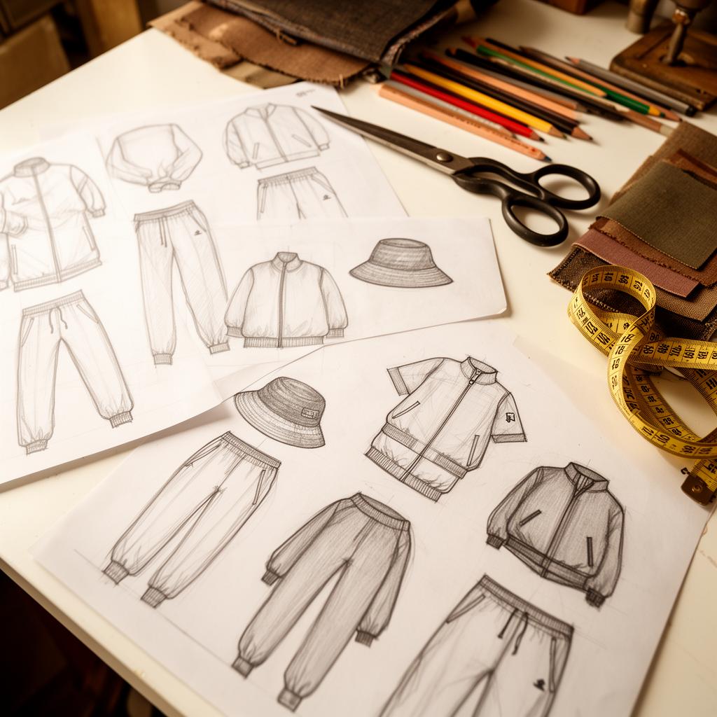 Pencil sketch of a tailor's workshop with tools and fabric